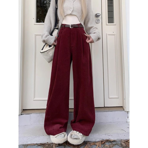 Corduroy casual pants for women in autumn  new retro high-waist slim design wide-leg straight floor-length pants