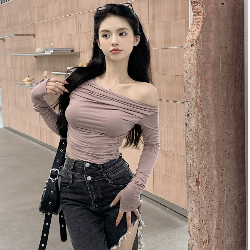 性感露鎖骨一字肩t恤純欲風修身褶皺上衣女短款內搭長袖打底衫