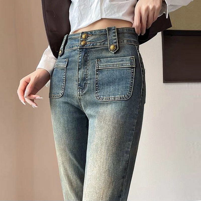 拼色小直筒牛仔褲女設計感雙扣彈力復古時尚高腰通勤九分煙管褲子