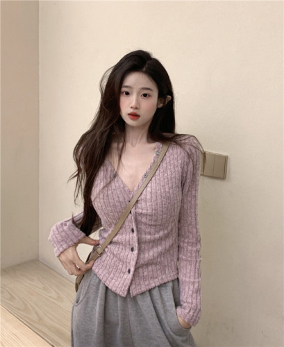 Real shot ~ Pure desire sexy V-neck long-sleeved knitted top for women in autumn hot girl slim fit outer wear with T-shirt inside