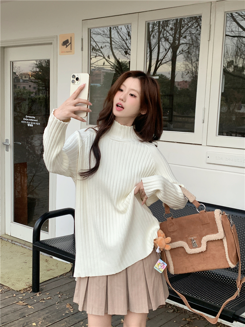 Actual shot of Korean style new slit Maillard lazy mid-collar mid-length loose elastic thickened sweater 18 colors