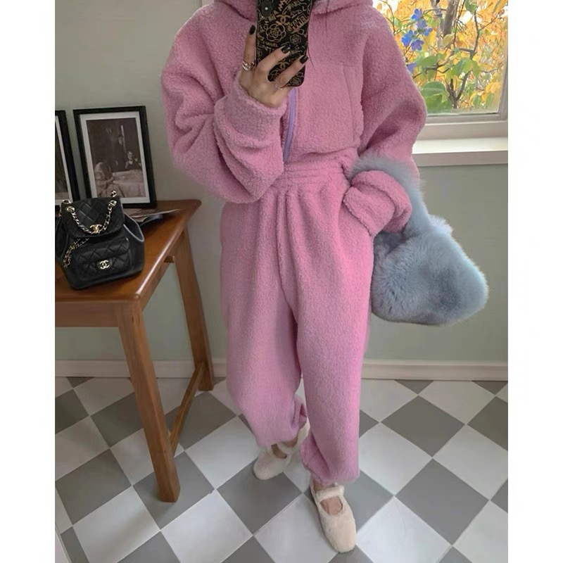 粉色加絨休閒運動服時尚高級感羊羔毛加厚連帽衛衣兩件套裝女秋冬