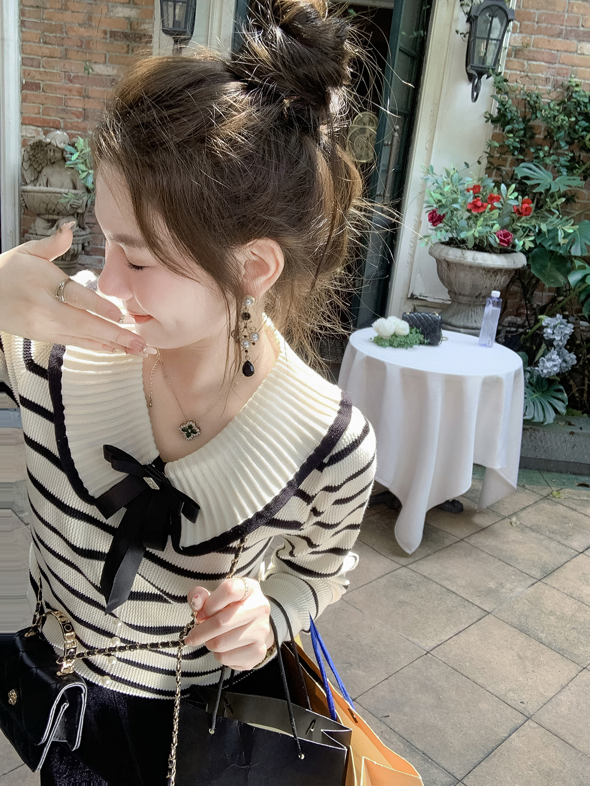 娃娃領針織衫女小香風名媛蝴蝶結秋冬新款條紋毛衣女