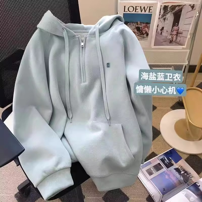官圖 海鹽藍高級感半拉鏈連帽衛衣女秋冬寬鬆慵懶風穿搭上衣外套