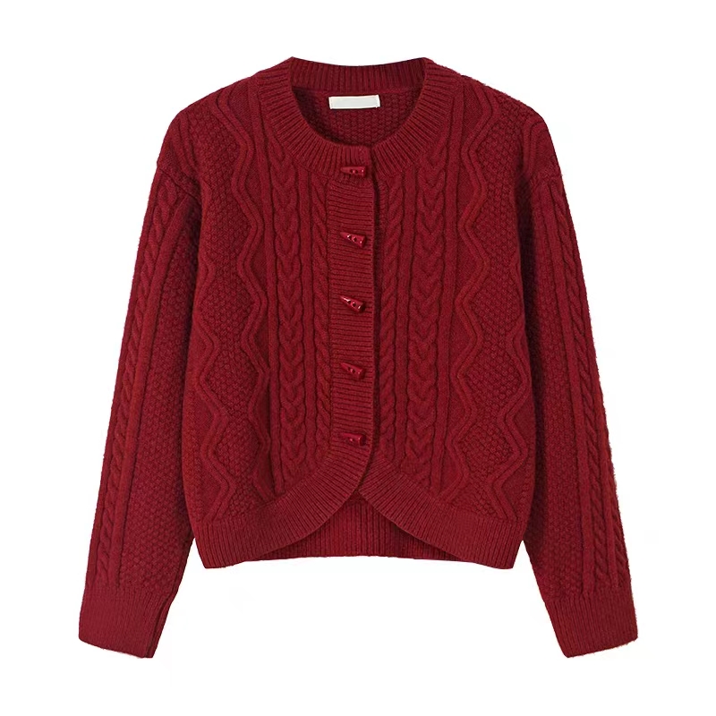 Autumn and winter new Christmas and New Year red Korean style small fresh horn button twist knitted cardigan sweater for women