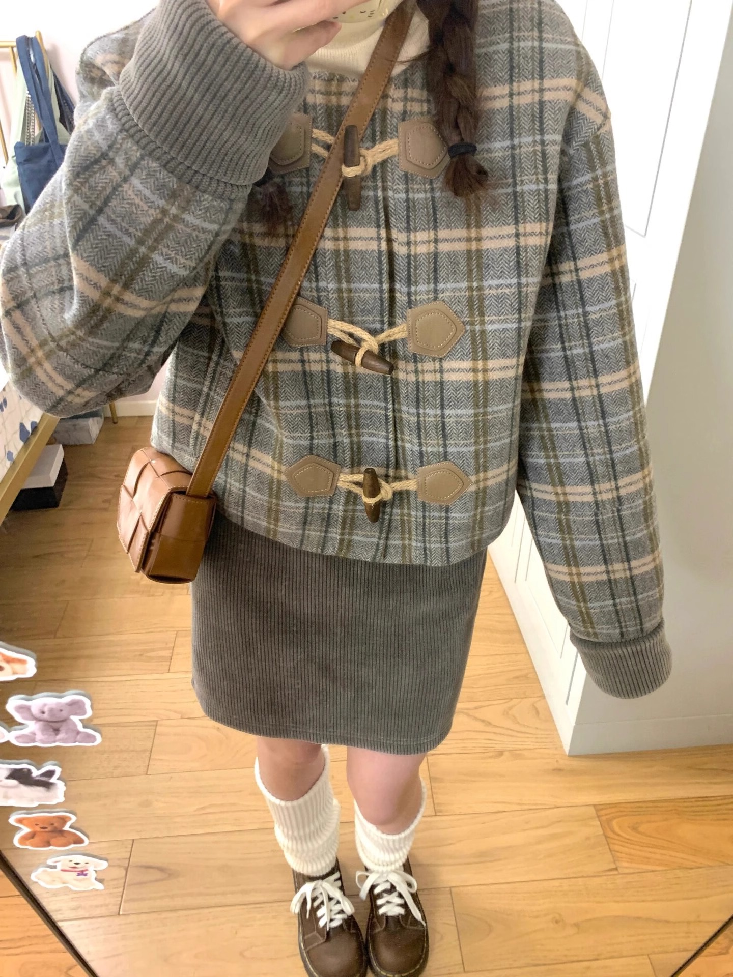 學院風秋冬牛角扣格子毛呢外套女2023新款小個子溫柔高級感棉襖