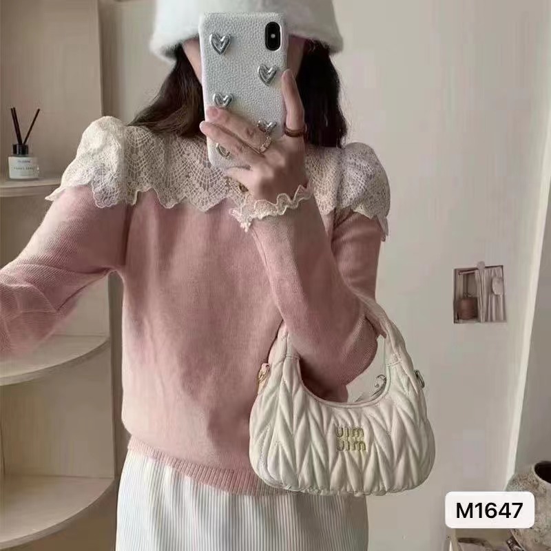 2023秋冬新款韓版甜美減齡花邊蕾絲拼接長袖上衣女