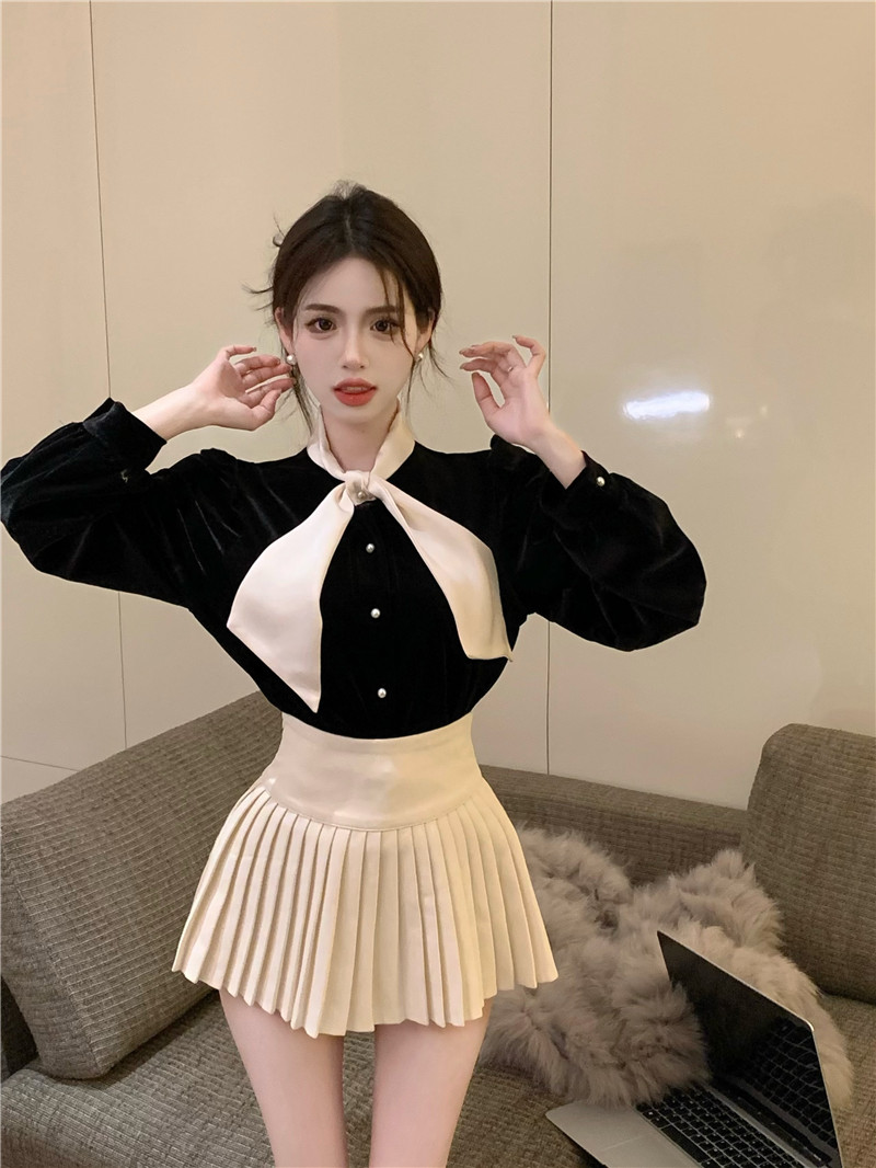 實拍  氣質絲絨綁帶蝴蝶結襯衫女新款設計感小眾長袖上衣