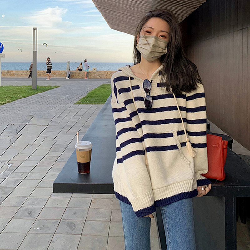 Striped hooded sweater for women in autumn and winter loose outer wear Japanese retro lazy style soft waxy bottoming shirt knitted top