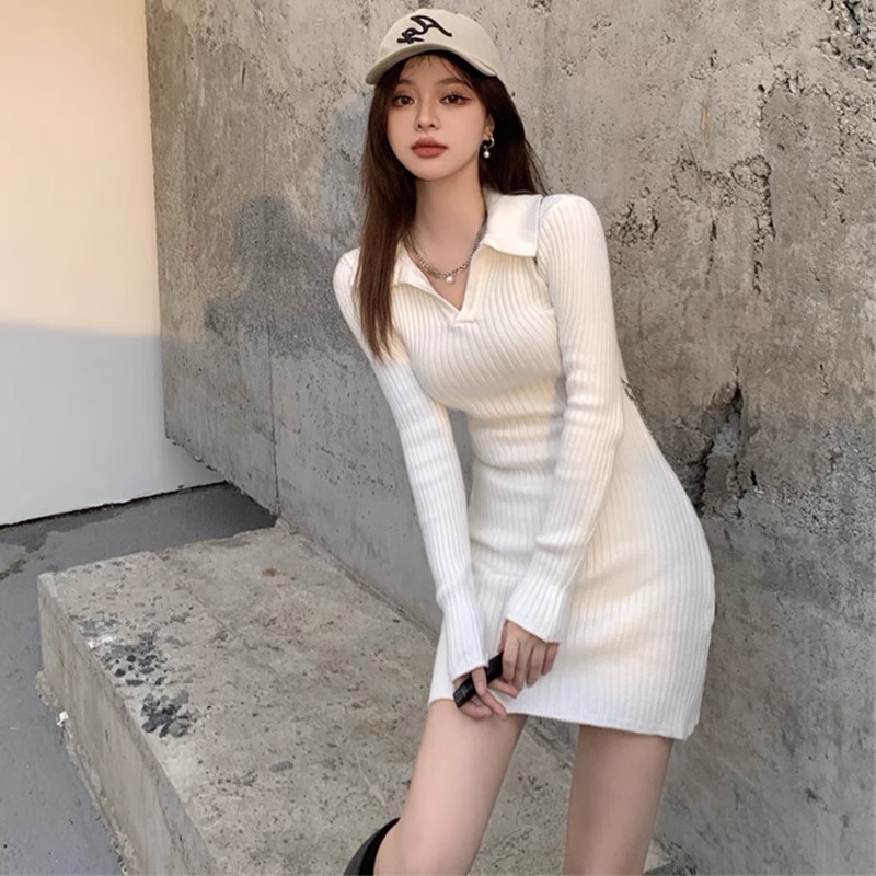 2023 autumn and winter new French retro polo collar knitted dress with sweater bottoming tight hip skirt