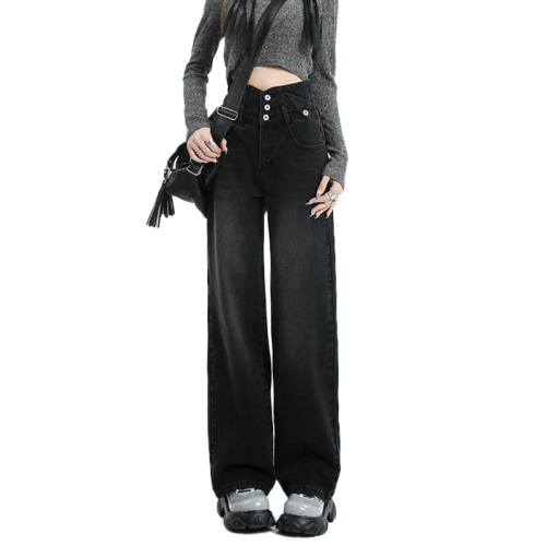 Actual shot of 2024 early spring new high-waisted wide-leg denim trousers for women, straight-leg slimming loose pants