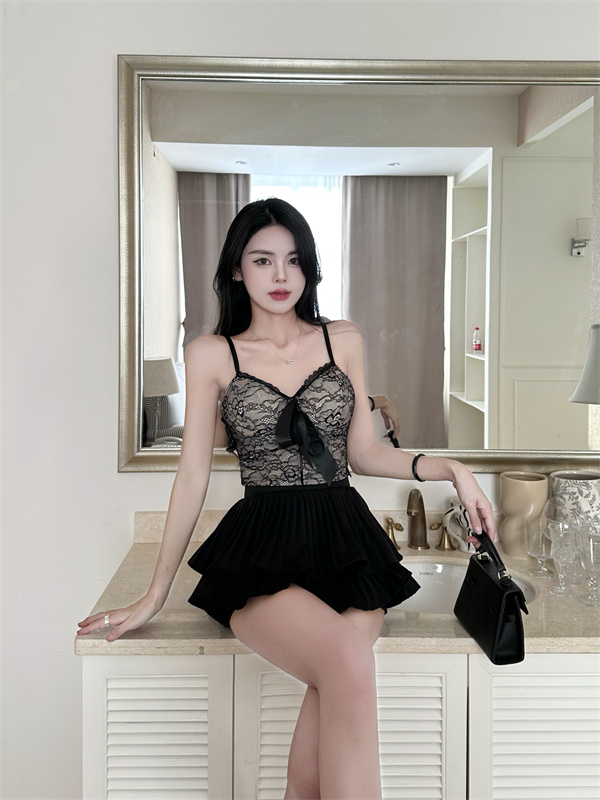 實拍 性感黑色蕾絲吊帶+高腰顯痩蓬蓬裙褲百褶半身裙女套裝