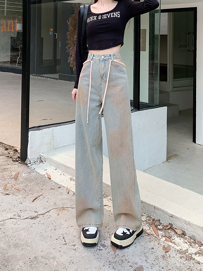 Actual shot ~ Retro jeans for women, sexy hollow drawstring high-waisted wide-leg pants for women, straight-leg pants for women