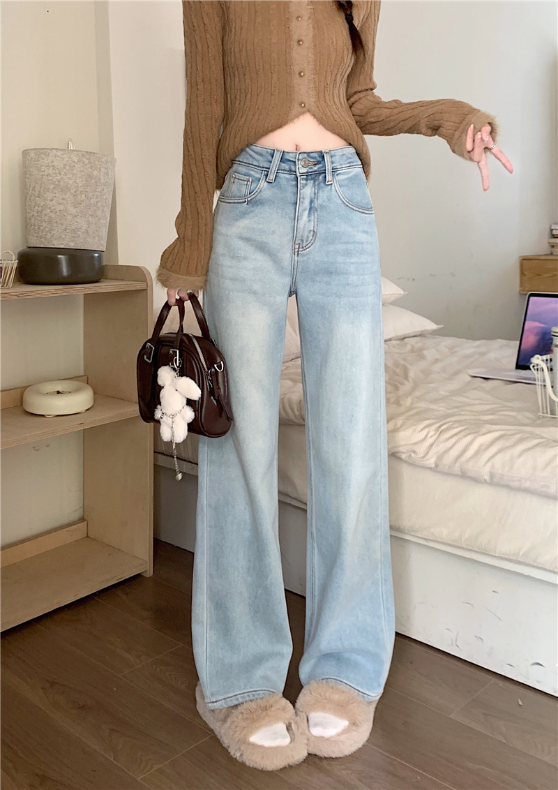 Actual shot ~ Retro light blue jeans for women in early spring, high-waisted, straight, loose, slimming, floor-length wide-leg pants