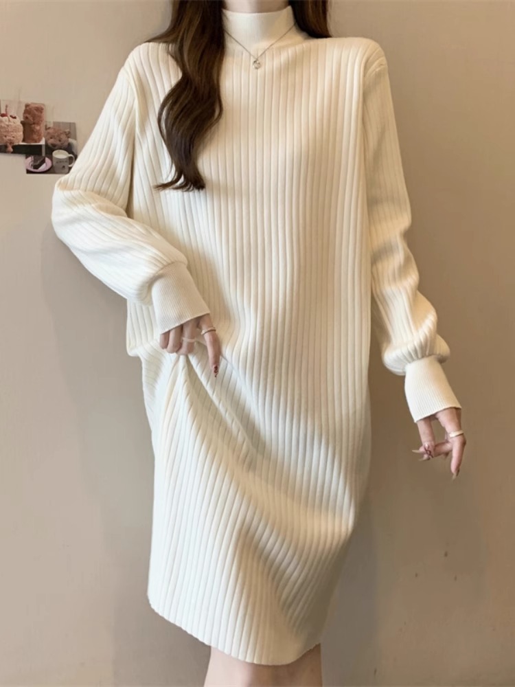 胖mm遮肚顯瘦連衣裙大碼胖妹妹寬鬆半高領長款過膝打底衫毛衣長裙