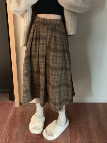 Real shot of retro wool plaid high-waisted slim loose skirt mid-length large skirt umbrella skirt