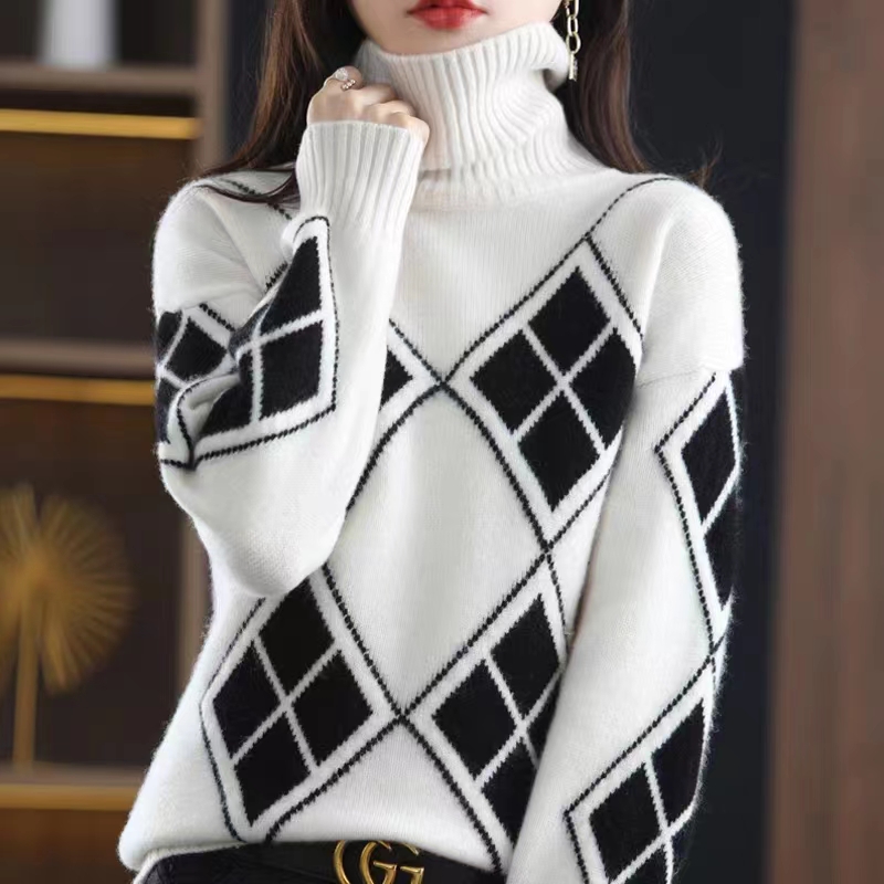 黑白格子毛衣女秋冬2023新款洋氣復古寬鬆慵懶風加厚羊毛衫女時尚
