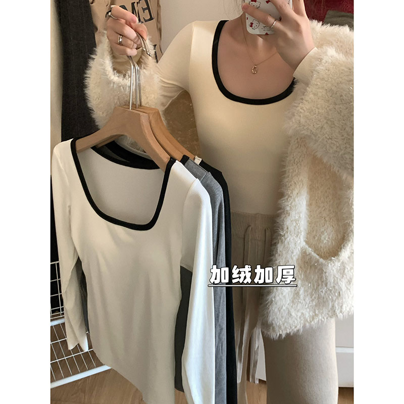 Real shot of autumn and winter retro square collar plus velvet and thickened color matching bottoming shirt warm with chest pad slim slimming top