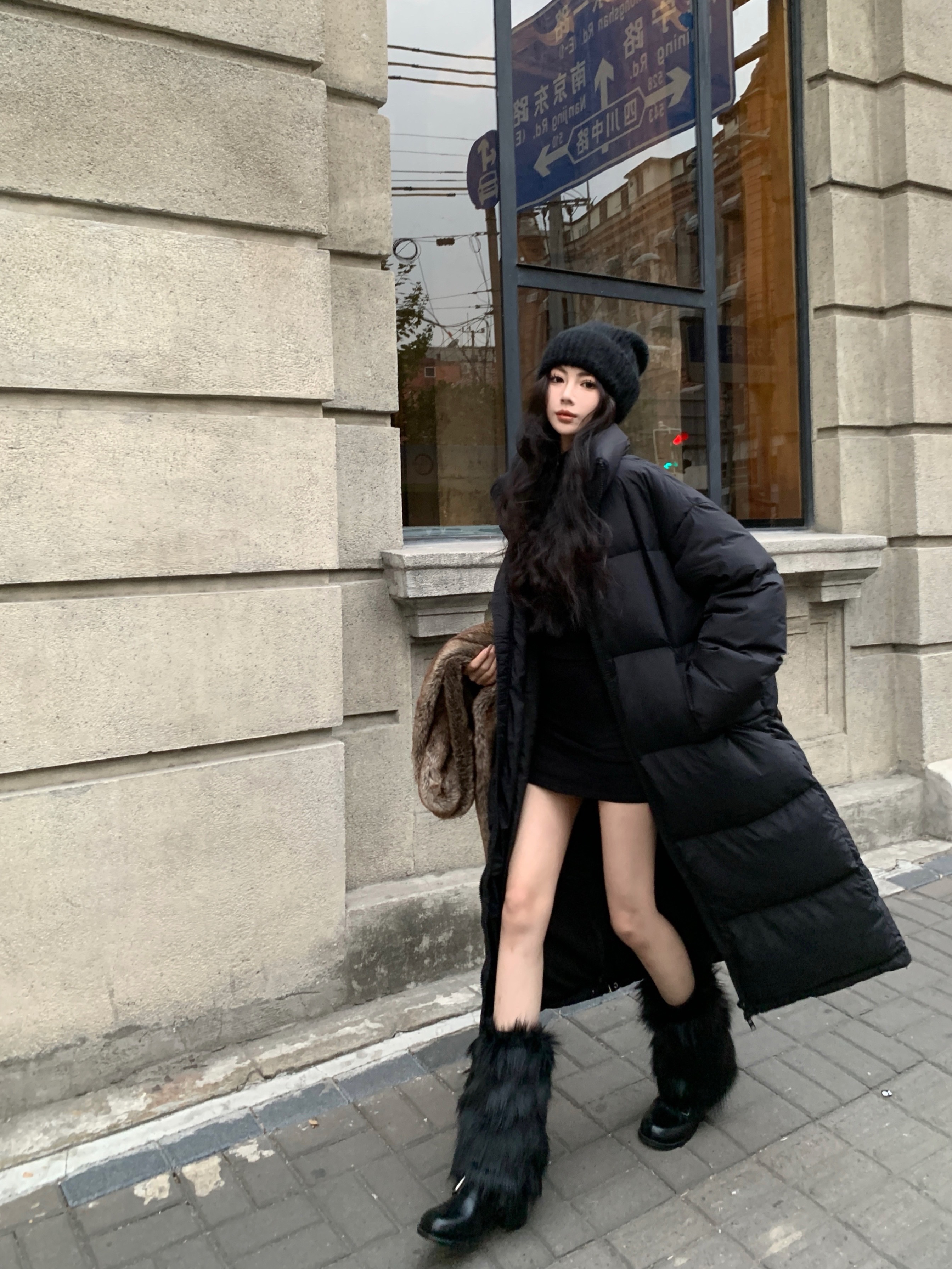實拍 中長款黑色棉服時髦高級感厚實保暖棉衣外套