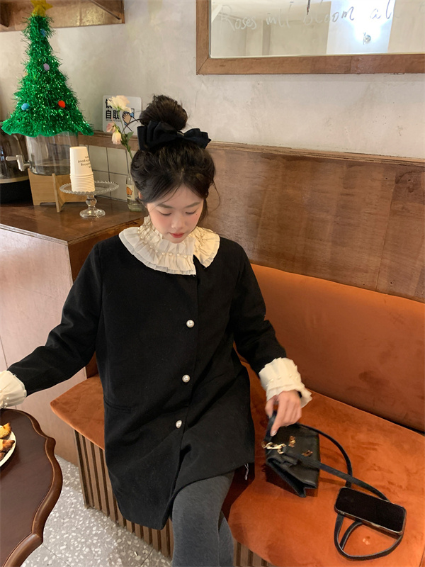 Actual shot of new winter black pearl lace woolen coat mid-length high-end woolen coat