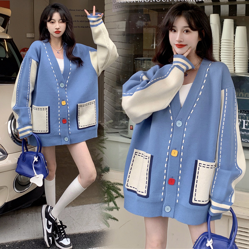 Design niche V-neck knitted cardigan women's autumn and winter new casual retro contrasting color stitching sweater jacket