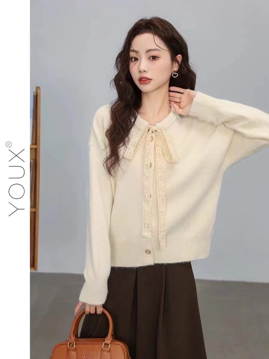 Aimistyle 原創原版蝴蝶結蕾絲系帶針織開衫女寬鬆百搭毛衣外套女