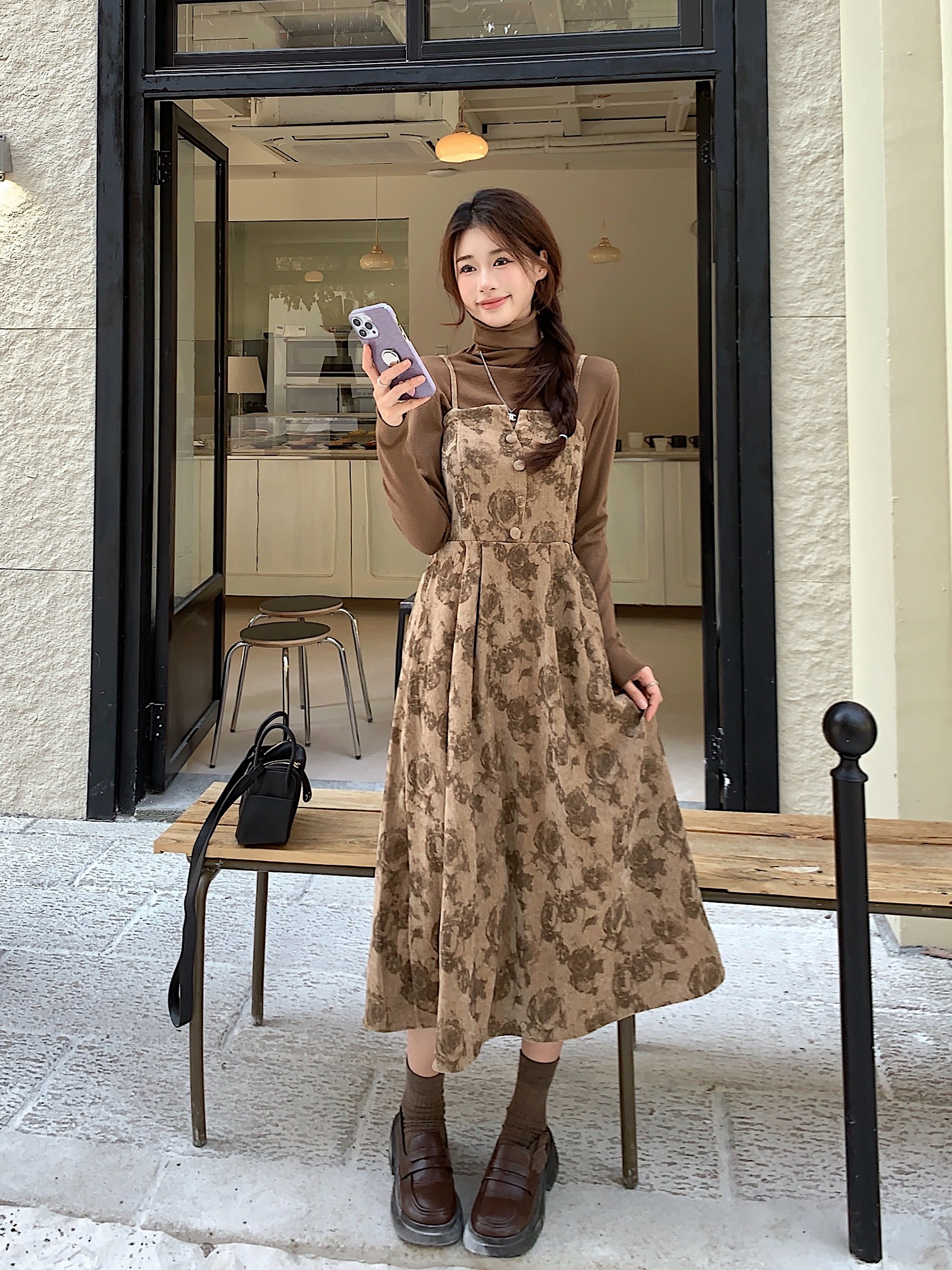 新款復古氣質高領打底針織衫暈染花朵吊帶連衣裙長裙女 實拍