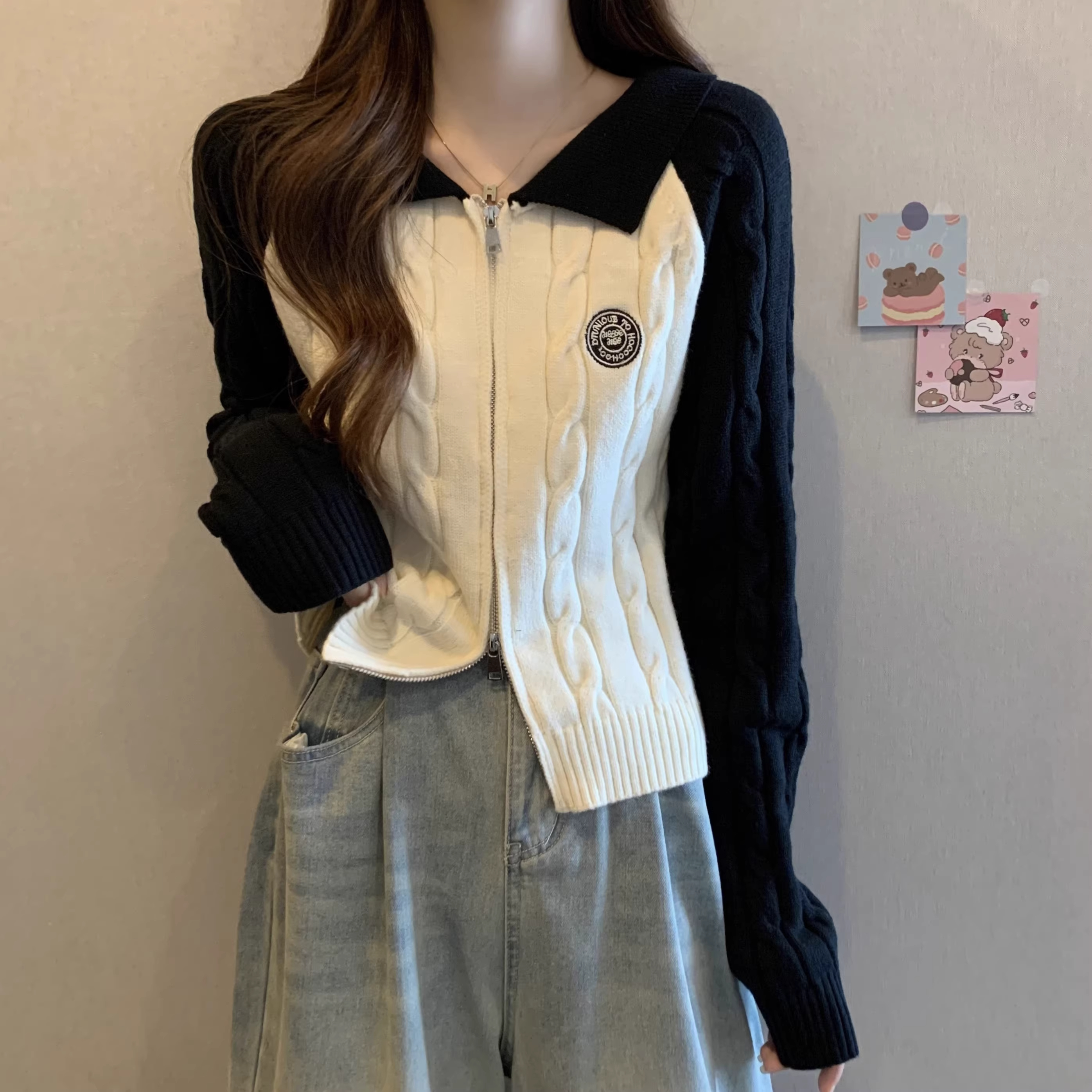 Retro contrast color design knitted sweater for women, autumn short style inner layered shirt, double zipper sweater, cardigan top, trendy