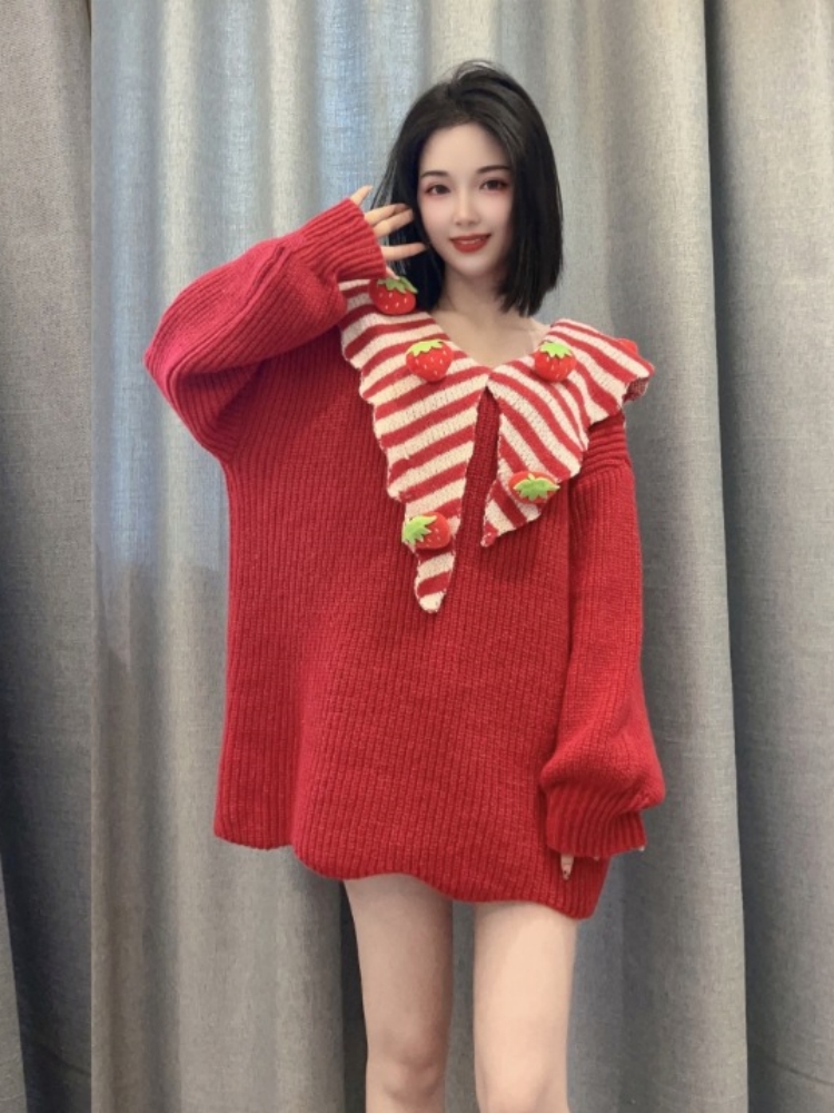 草莓娃娃臉毛衣女2023秋冬新款甜美減齡針織衫套頭外穿上衣溫柔風