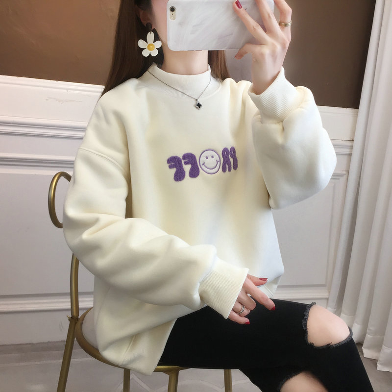 實拍 冬季新款韓版寬鬆複合銀狐絨高領刺繡大碼加絨衛衣女
