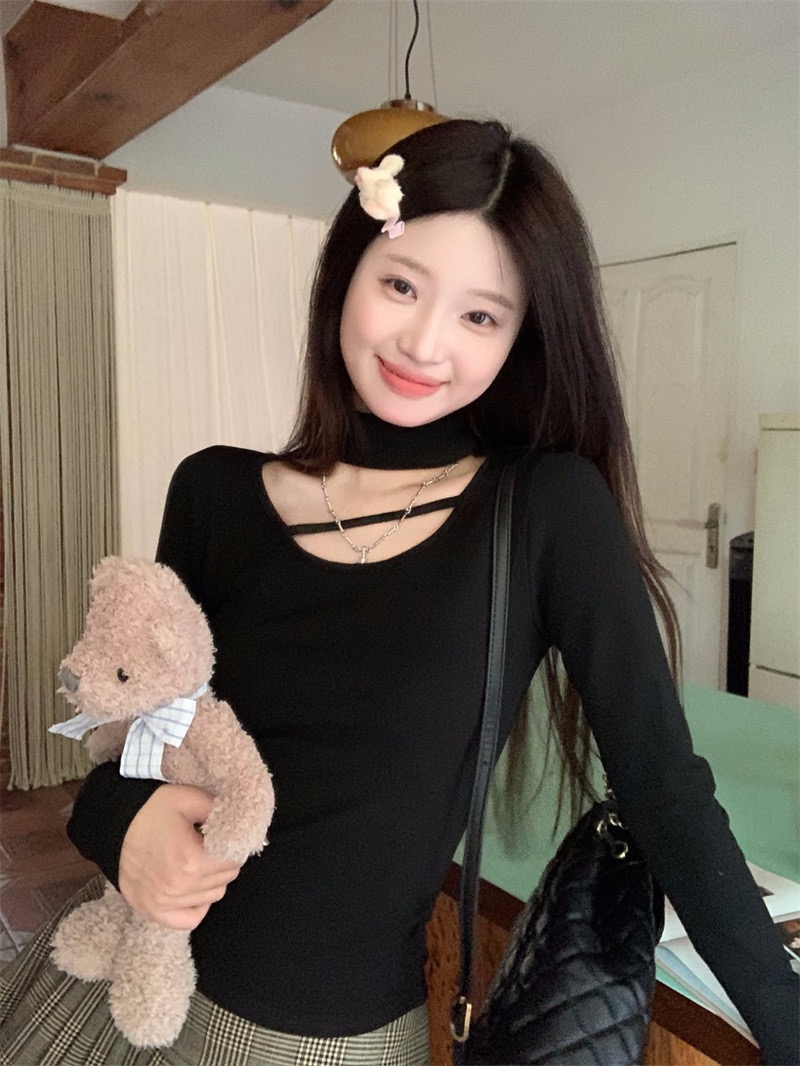 已出貨 德絨 掛脖上衣女小眾設計感鏤空打底T恤