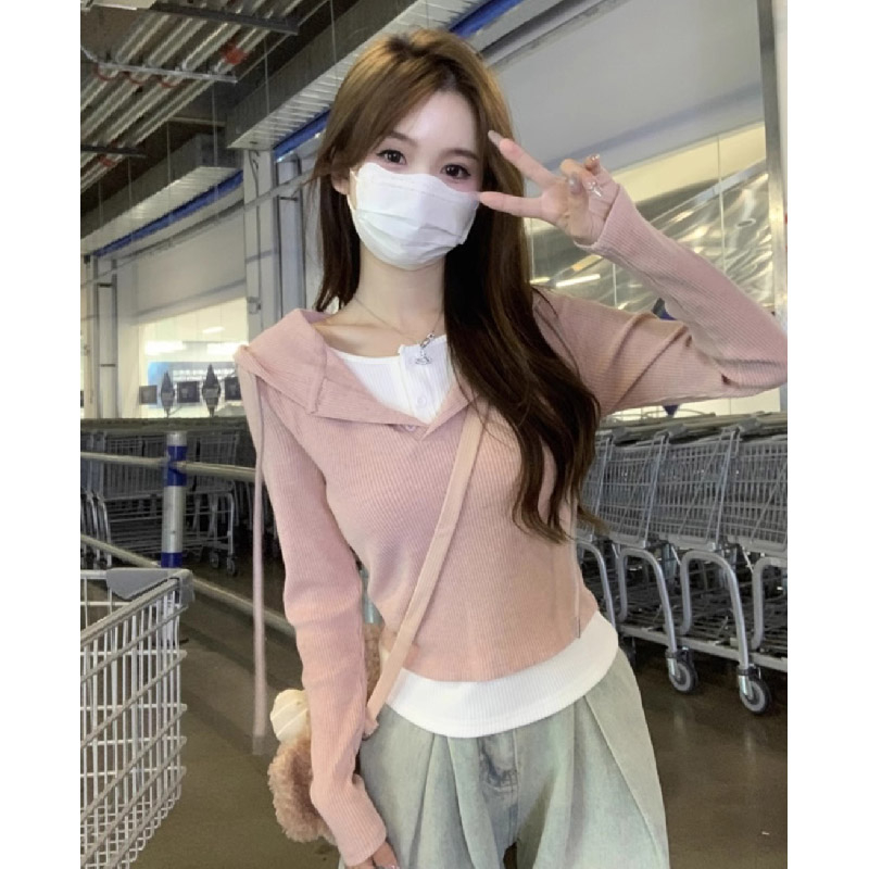 原版做工撞色假兩件抽繩連帽T恤女冬裝修身小個子內搭短款上衣