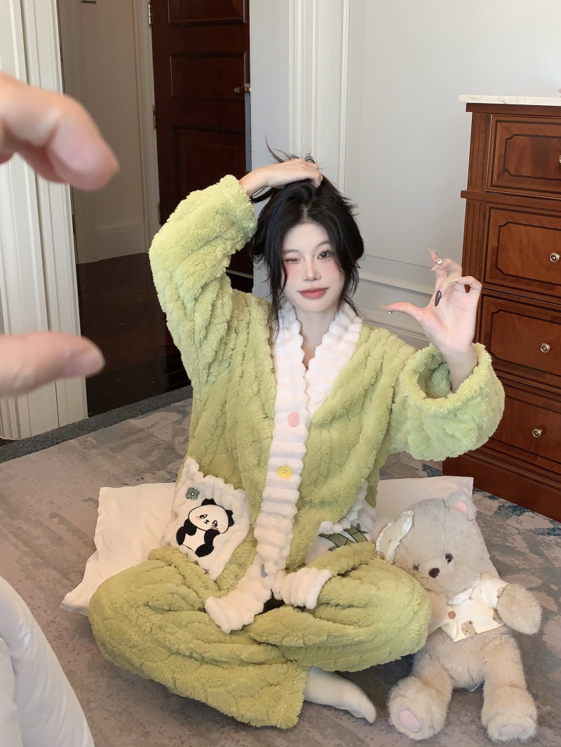 實拍 秋冬款睡衣女款珊瑚絨開衫保暖加絨加厚法蘭絨套裝外穿