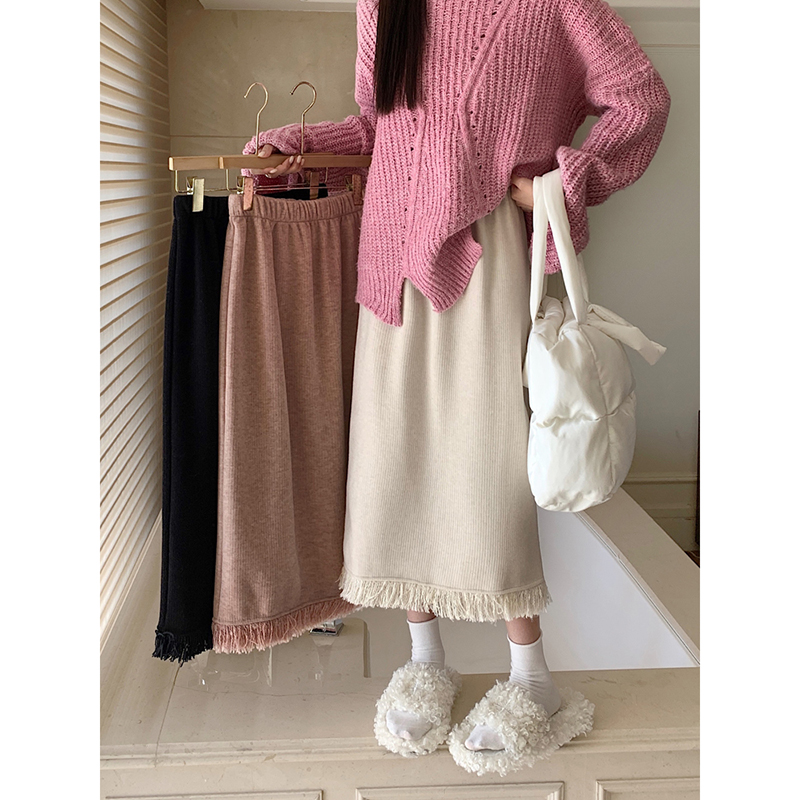 Corduroy plus velvet thickened new tassel versatile back slit casual skirt for women