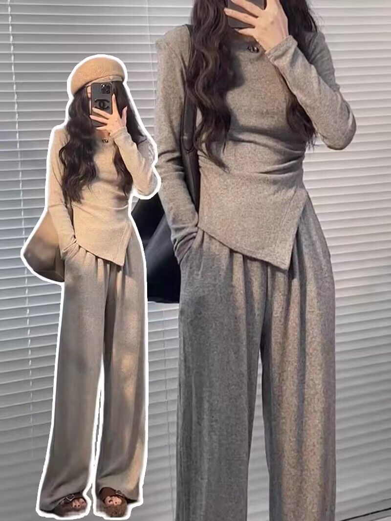High-end casual sports suit for women 2023 autumn and winter new style foreign style irregular top wide leg pants two-piece set
