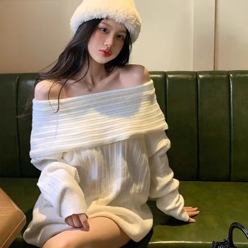 秋冬2023韓版新款一字肩翻領慵懶針織衫軟糯溫柔風別致毛衣女