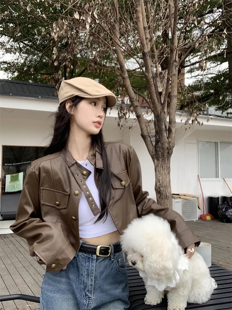 加內襯美拉德短款辣妹PU棕色皮衣外套女秋季寬鬆顯瘦夾克上衣