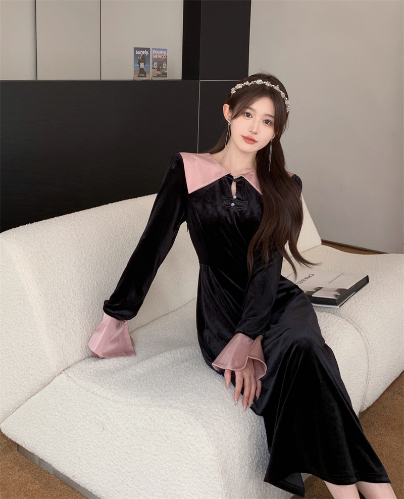 新款女裝胖mm高腰顯瘦甜美長裙子大碼撞色長袖復古絲絨連衣裙秋季