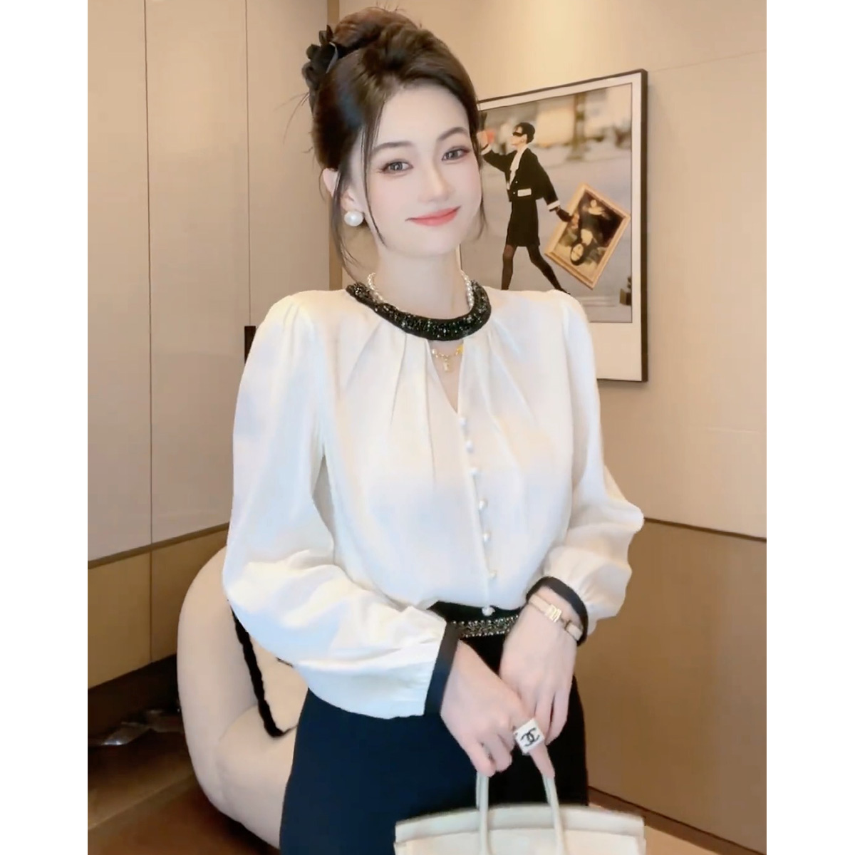 質檢官圖秋季新款法式時尚拼色綁帶長袖襯衫女名媛氣質洋氣上衣