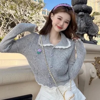 Lapel Contrast Color Hollow Flower Knitted Cardigan Women's Design Niche Sweet Short Sweater