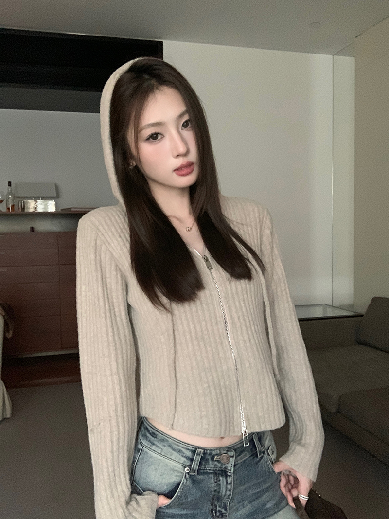 Actual shot of three standard Korean style chic double zipper hooded knitted cardigan high-end short sweater jacket