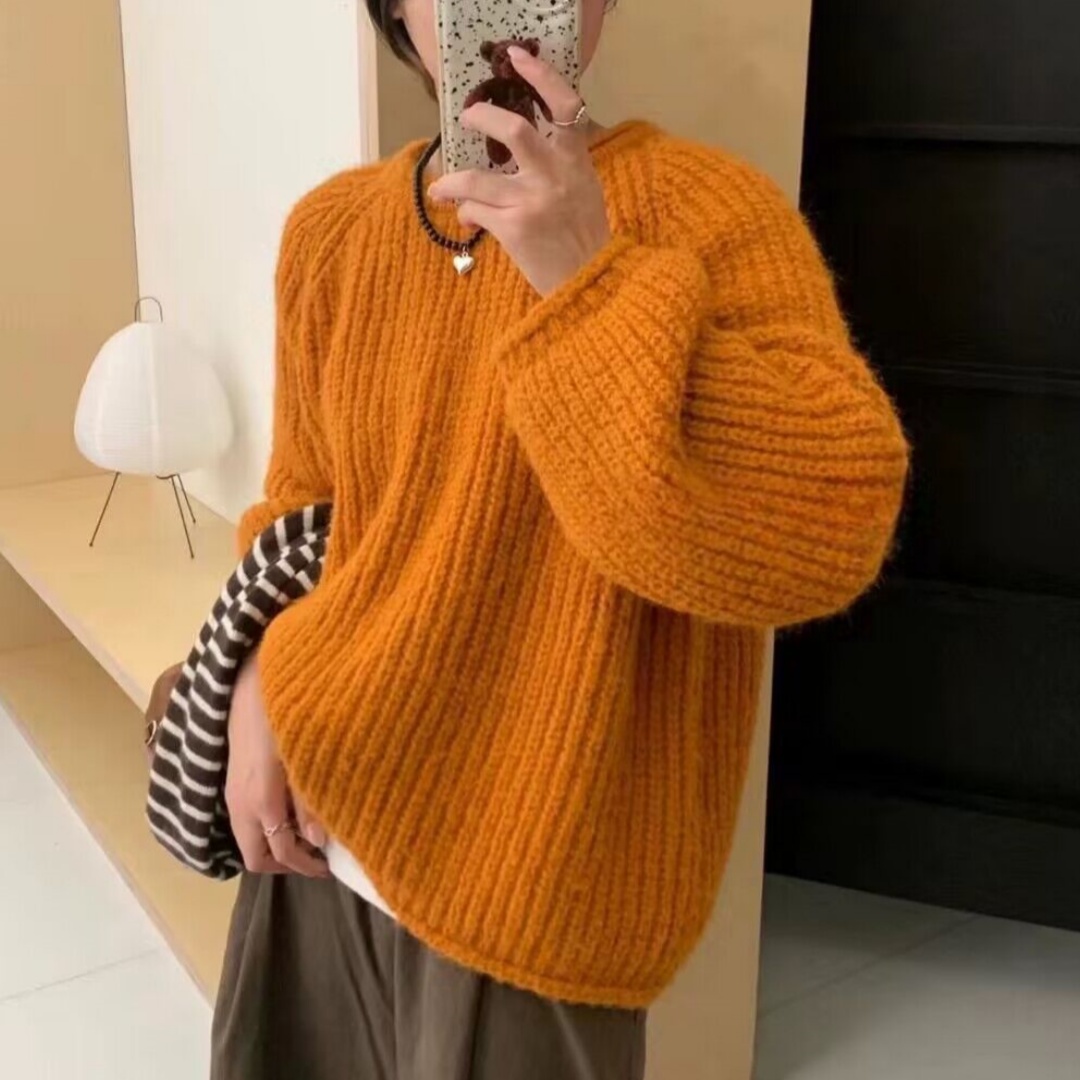 Gentle style solid color lantern sleeve round neck sweater for women autumn and winter new Korean style loose thickened curling thick line sweater