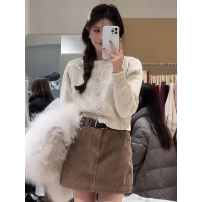 Xiaoxiangfeng sequin thick knitted cardigan women's autumn and winter new thin short sweater jacket long-sleeved top