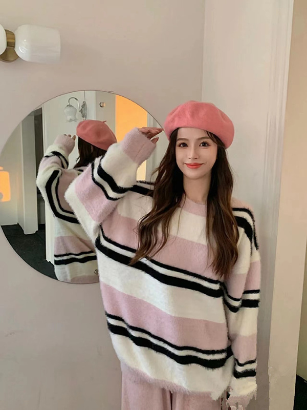 New autumn and winter mink velvet round neck all-match sweater tops lazy style loose striped long-sleeved thickened sweater for women