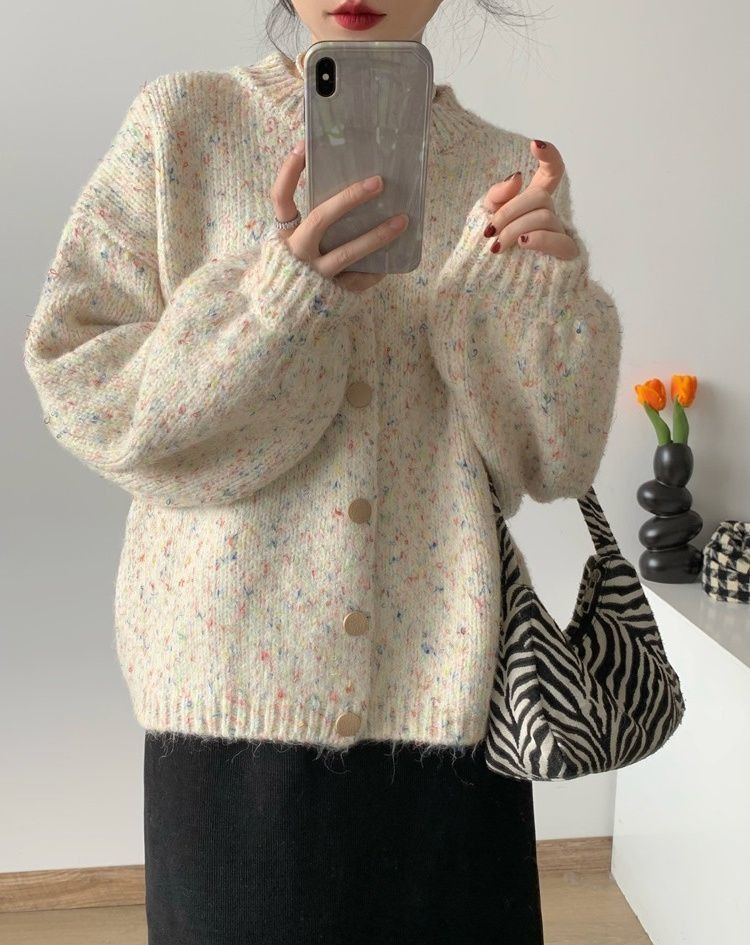 Korean atmosphere colorful dot sweater cardigan for women 2023 new spring loose lazy style chic knitted jacket