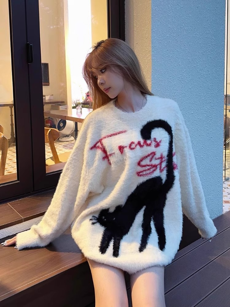 Korean style lazy style cute little black cat soft waxy sweater for men and women ins autumn and winter sweet chic gentle sweater