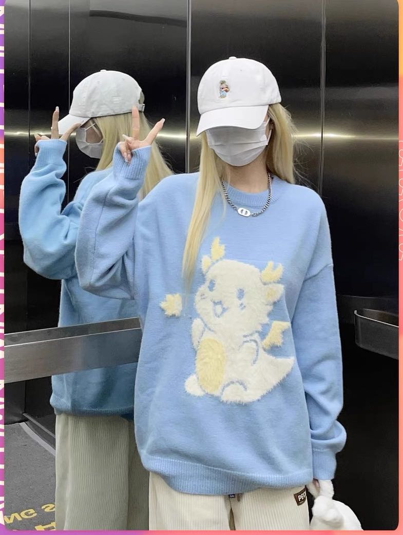 Rayohopp crew neck sweater women's autumn and winter Harajuku style cute cartoon dinosaur jacquard sweet versatile sweater