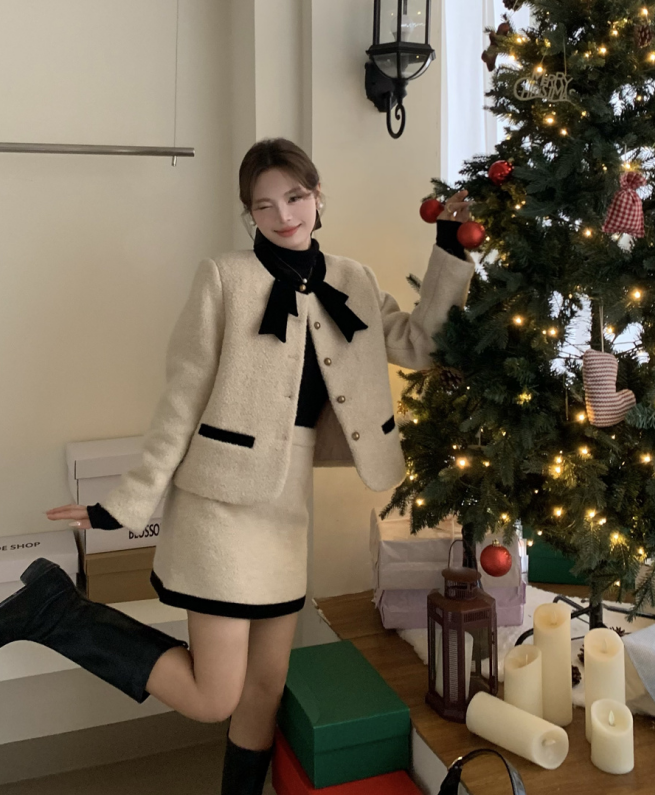 實拍！法式蝴蝶結小香風夾棉兩件套氣質保暖外套小個子套裝女