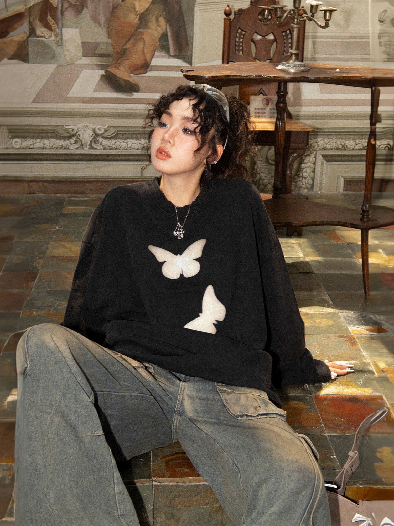Official photo Chinese cotton composite thin 310g/plus velvet 410g autumn and winter sweatshirt for women with printed loose large size