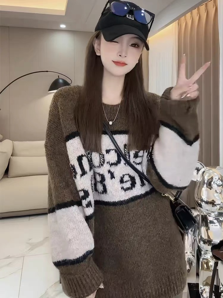美式復古寬鬆中長款慵懶風毛衣女2023新款字母休閒撞色長袖針織衫